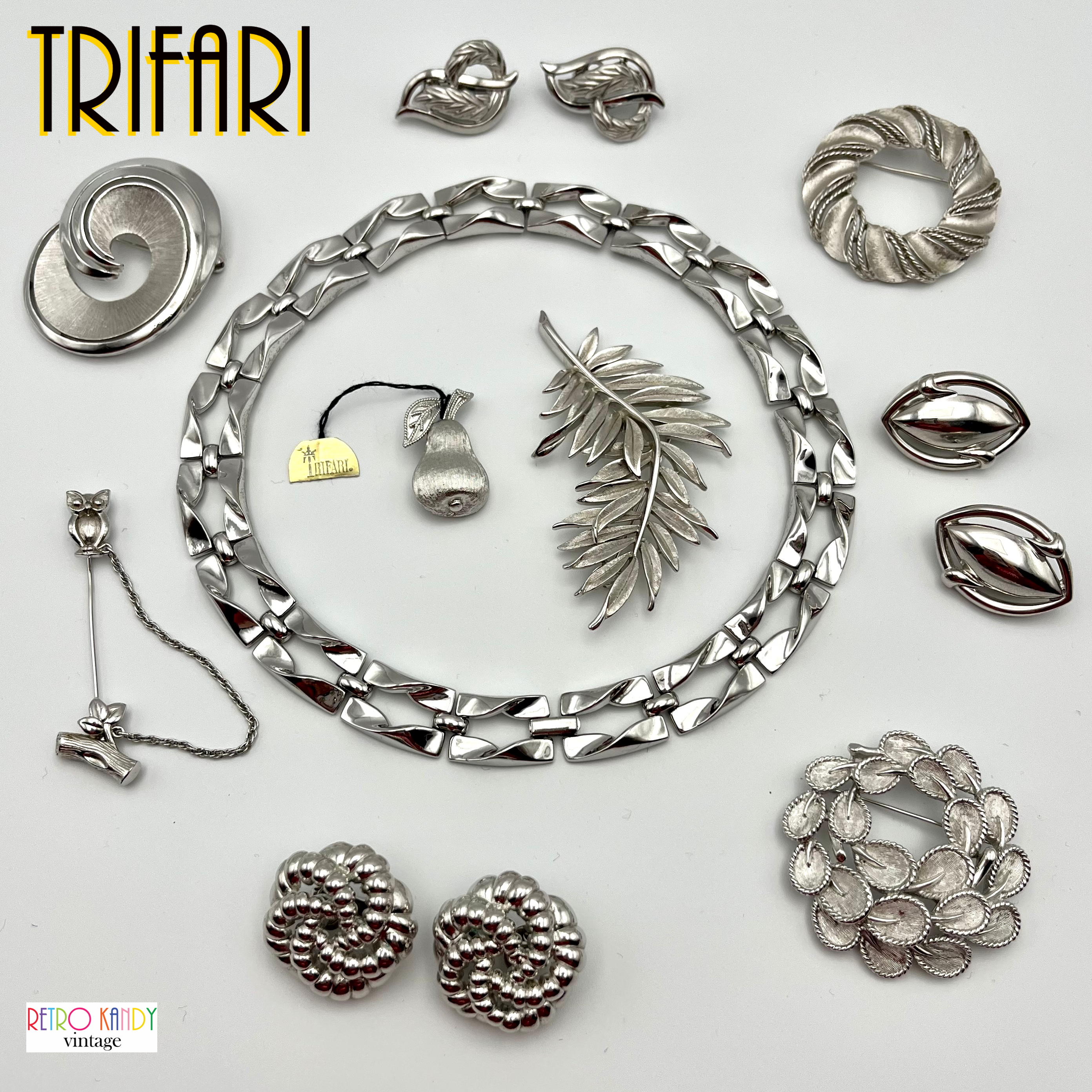 ♛︎TRIFARI ヴィンテージブローチ&イヤリングセット9526 Trifari（トリファリ）ブローチ「Art Deco Leaf」 ／ヴィンテージ