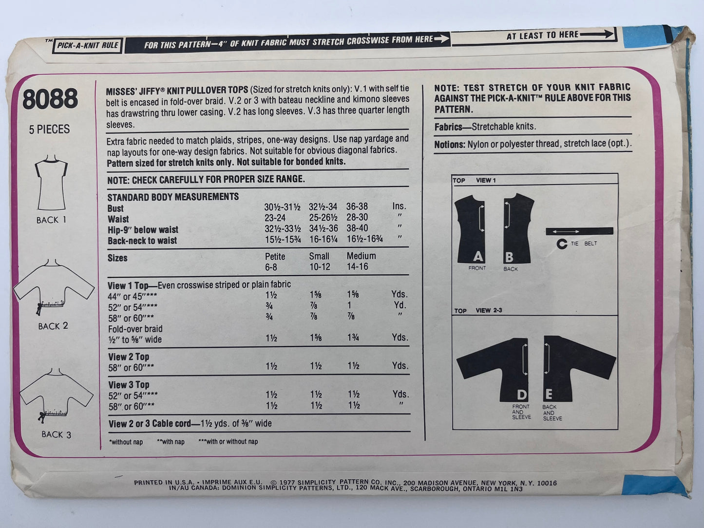 1977 Simplicity Misses' Knit Pattern 8088