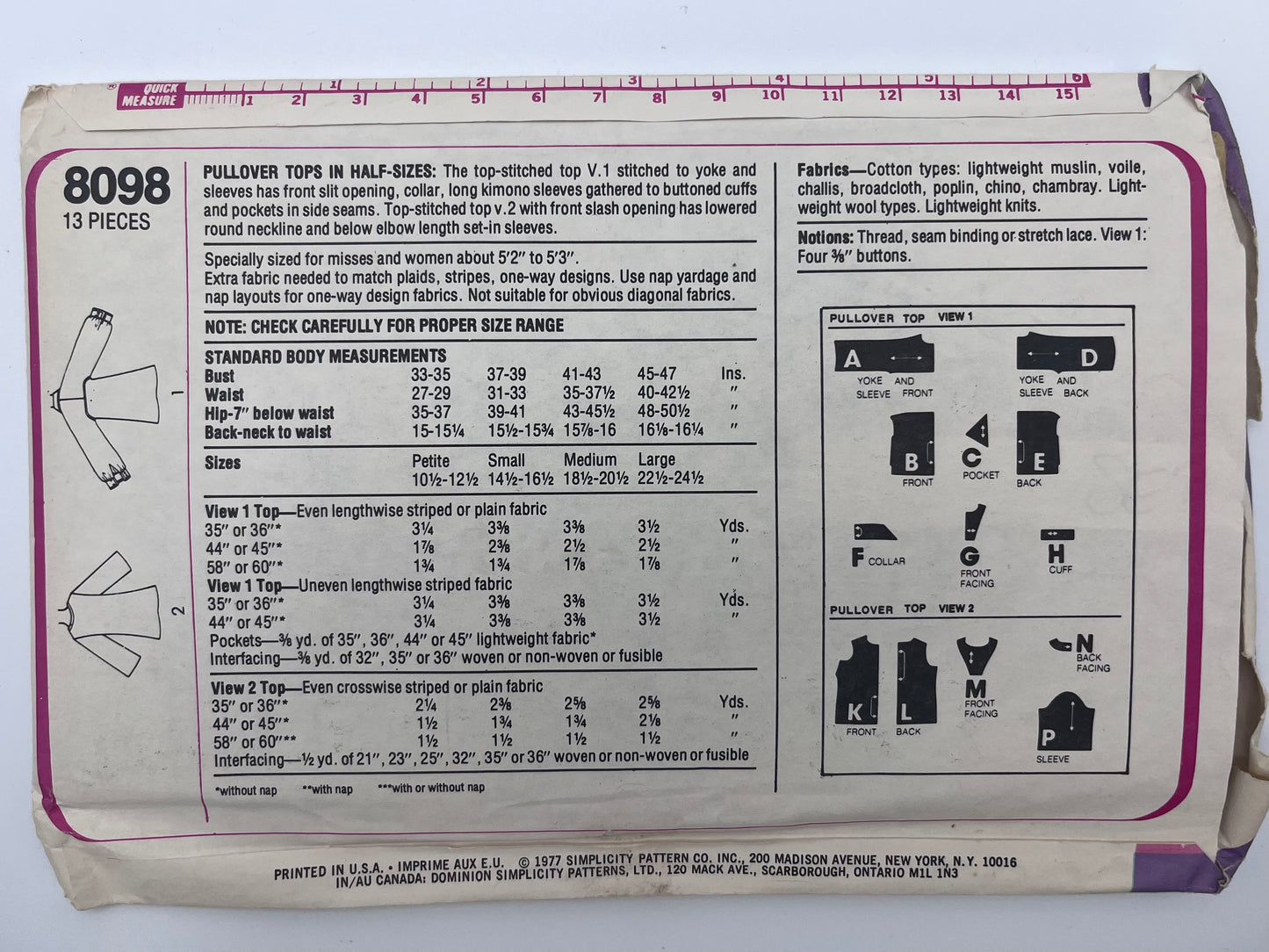 1977 Simplicity Pullover Pattern 8098