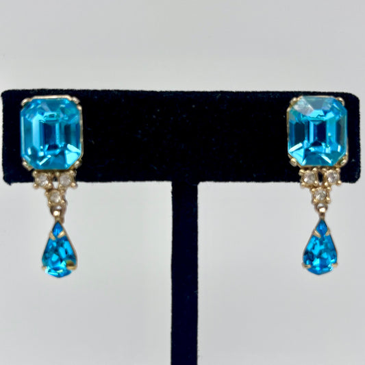 1950s Coro Aqua Rhinestone Drop Earrings