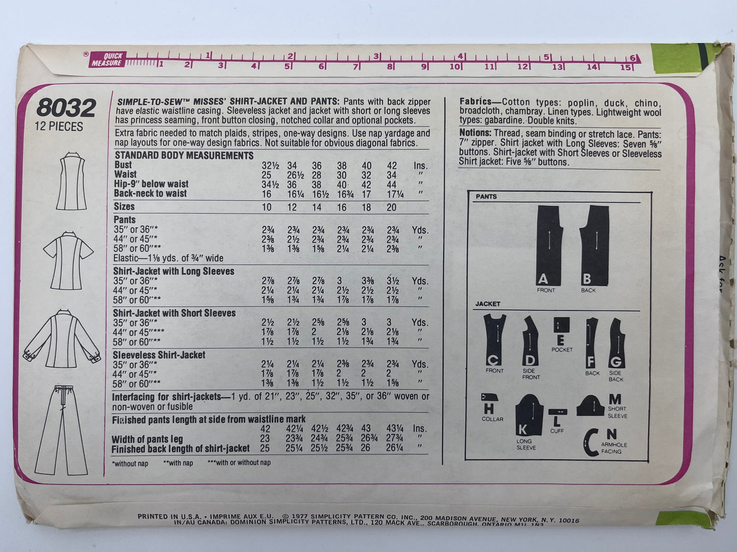 1977 Simplicity Misses' Pattern 8032