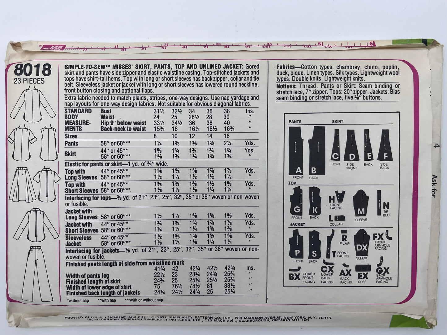 1977 Simplicity Misses' Separates Pattern 8018