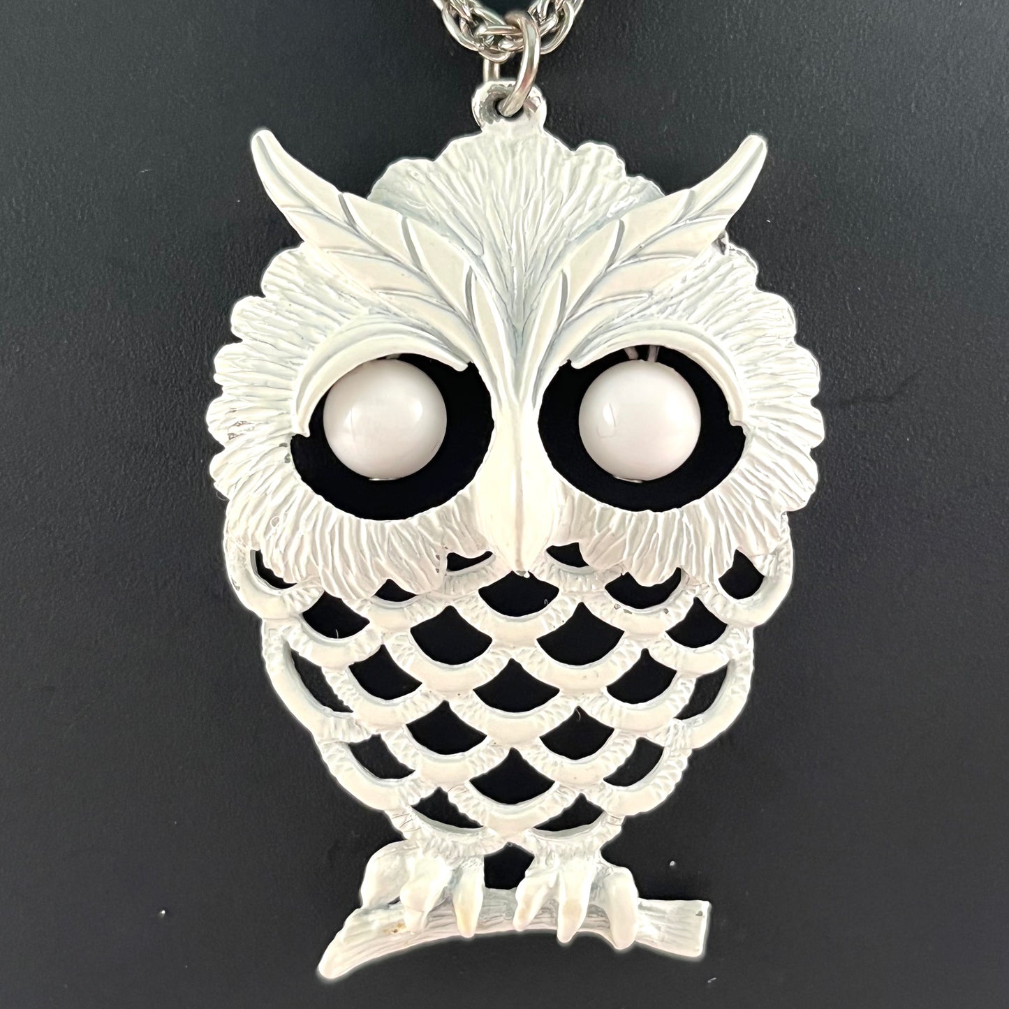 1970s White Enamel Owl Pendant Necklace