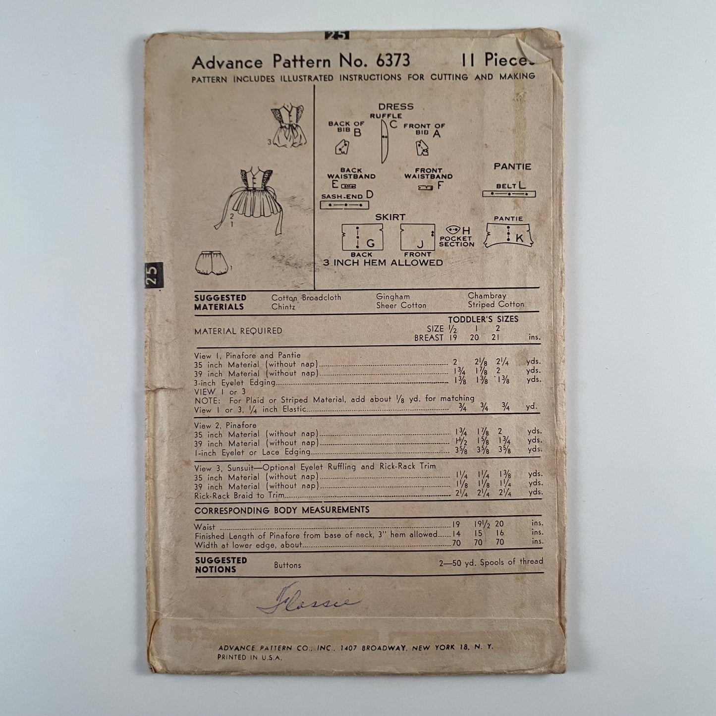 1940s Advance Baby/Toddler Pinafore Pattern No.6373