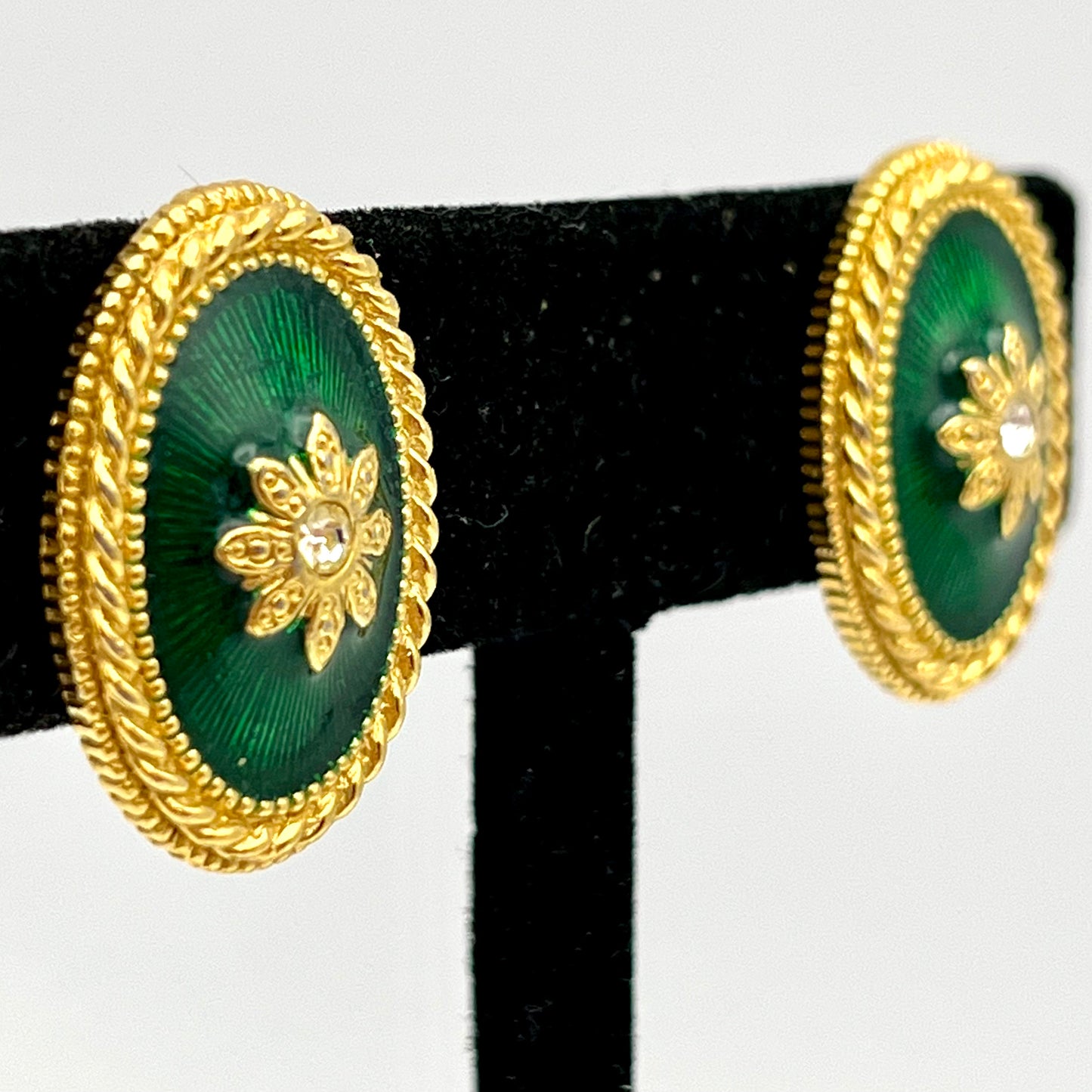 1960s Gold-Tone & Green Enamel Oval Earrings