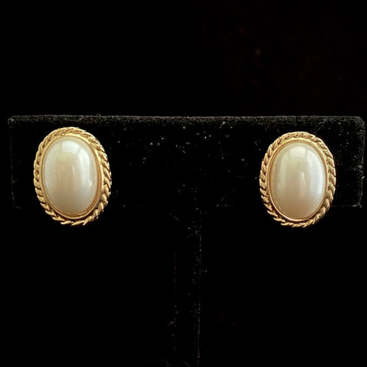 1980s Crown Trifari Pearl Cabochon Earrings