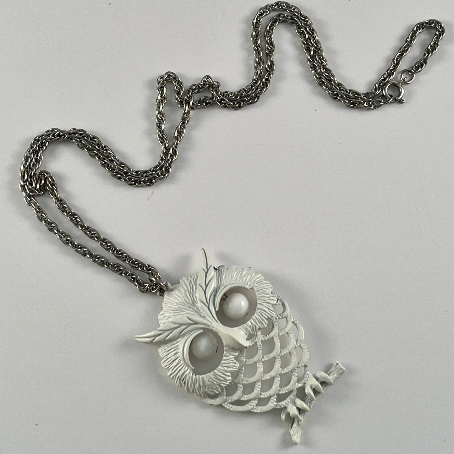 1970s White Enamel Owl Pendant Necklace