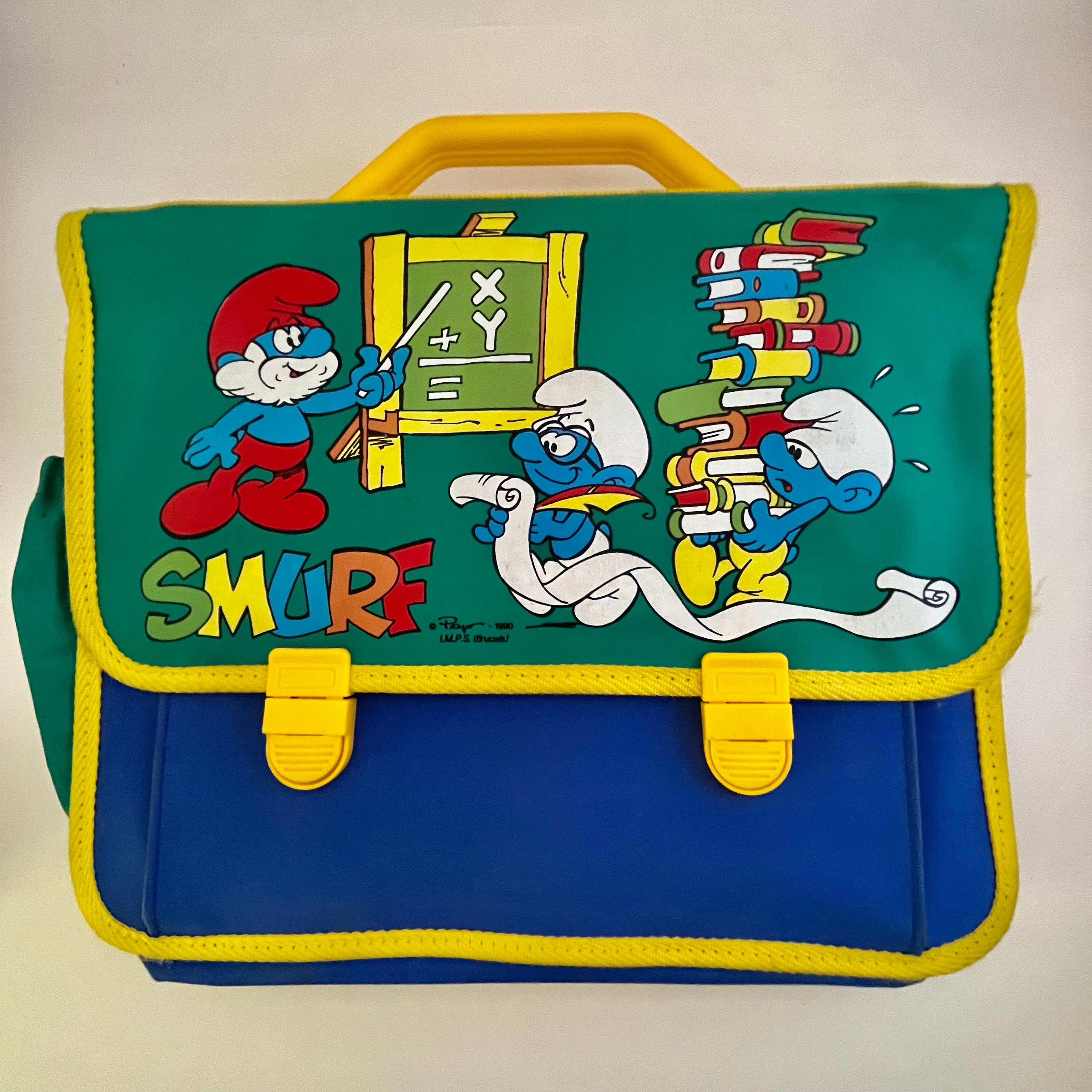 1990 Vintage Smurf Backpack Briefcase Marked Peyo I.M.P.S Brussels