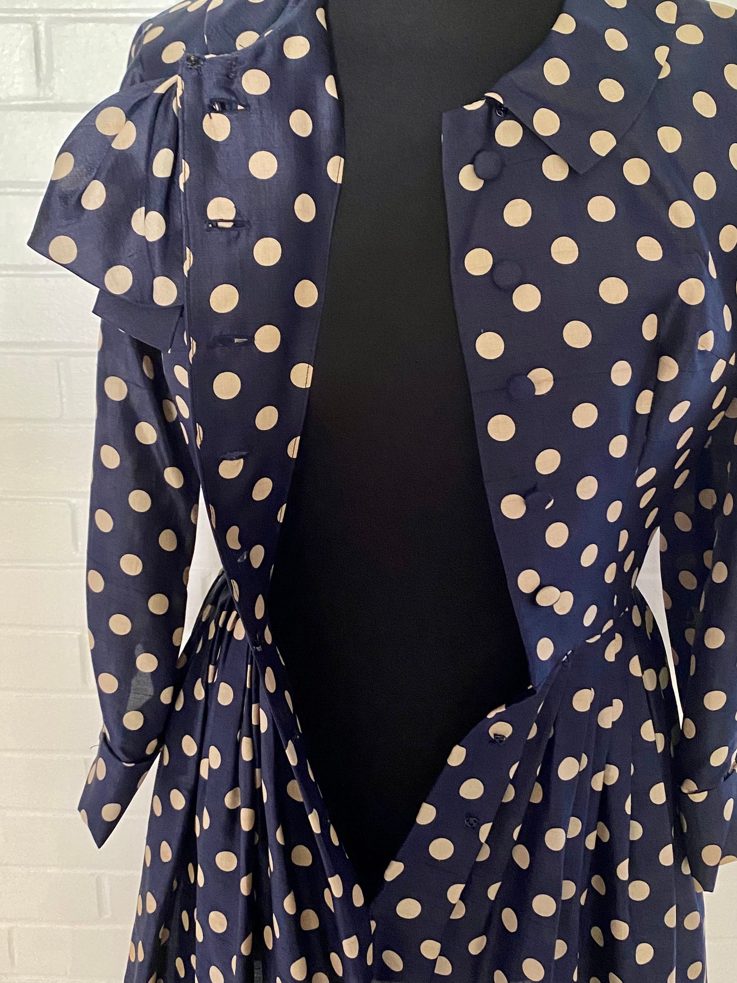 Late 50s/ Early 60s Navy & Tan Polka Dot Silk Dress