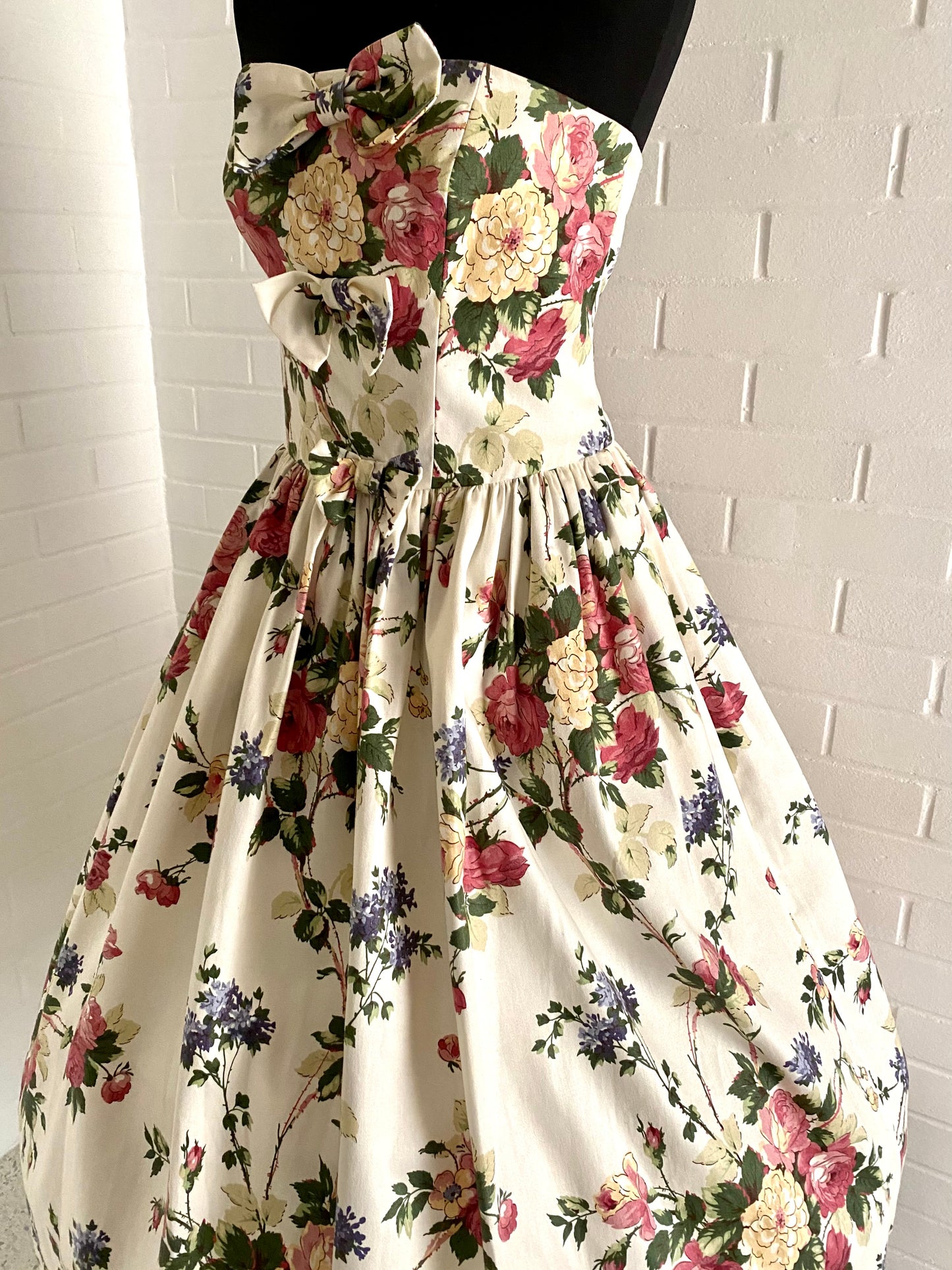 1980s S.G.Gilbert Strapless Flowered Dress