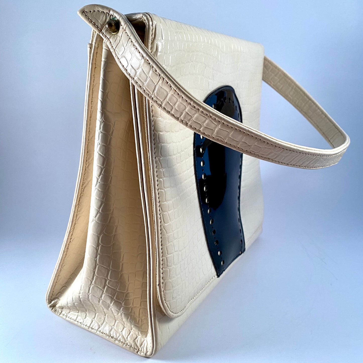 1950s Ivory & Black Patent Leather Front Flap Handbag