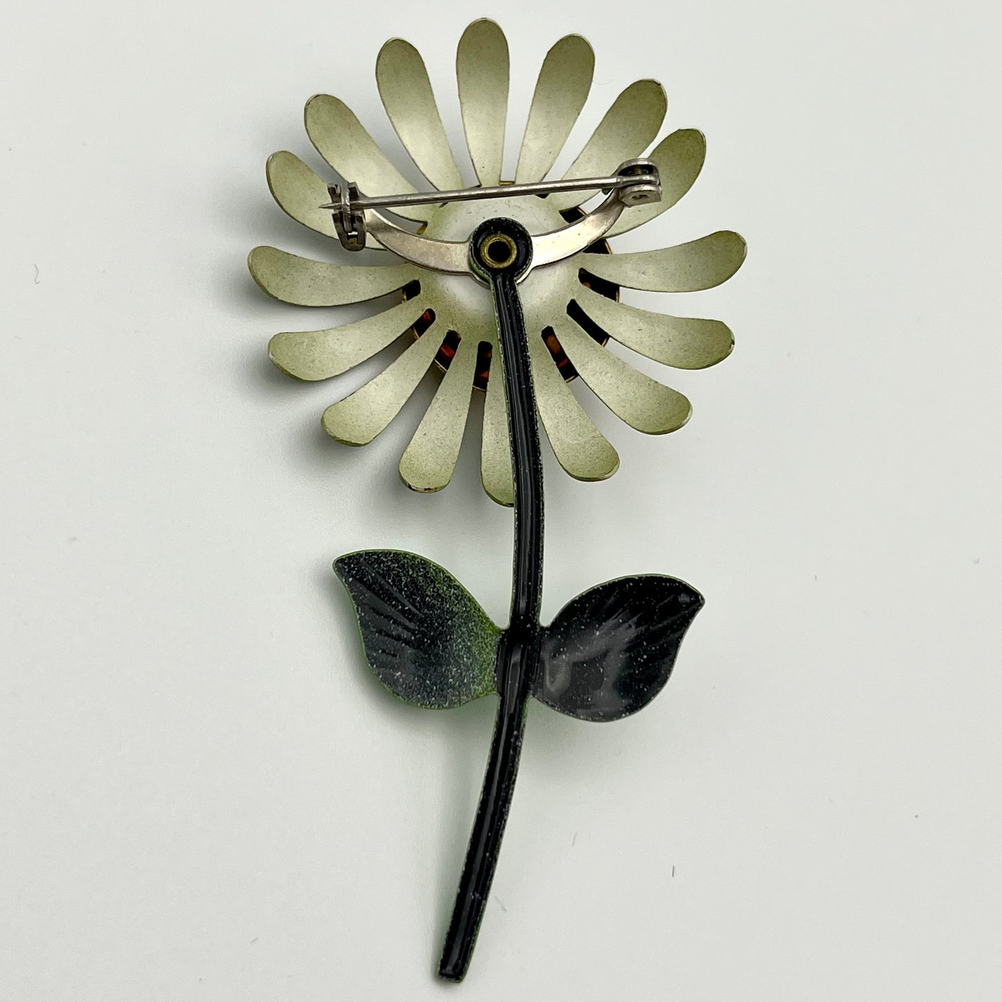 Late 60s/ Early 70s Olive Green Enamel Flower Pin