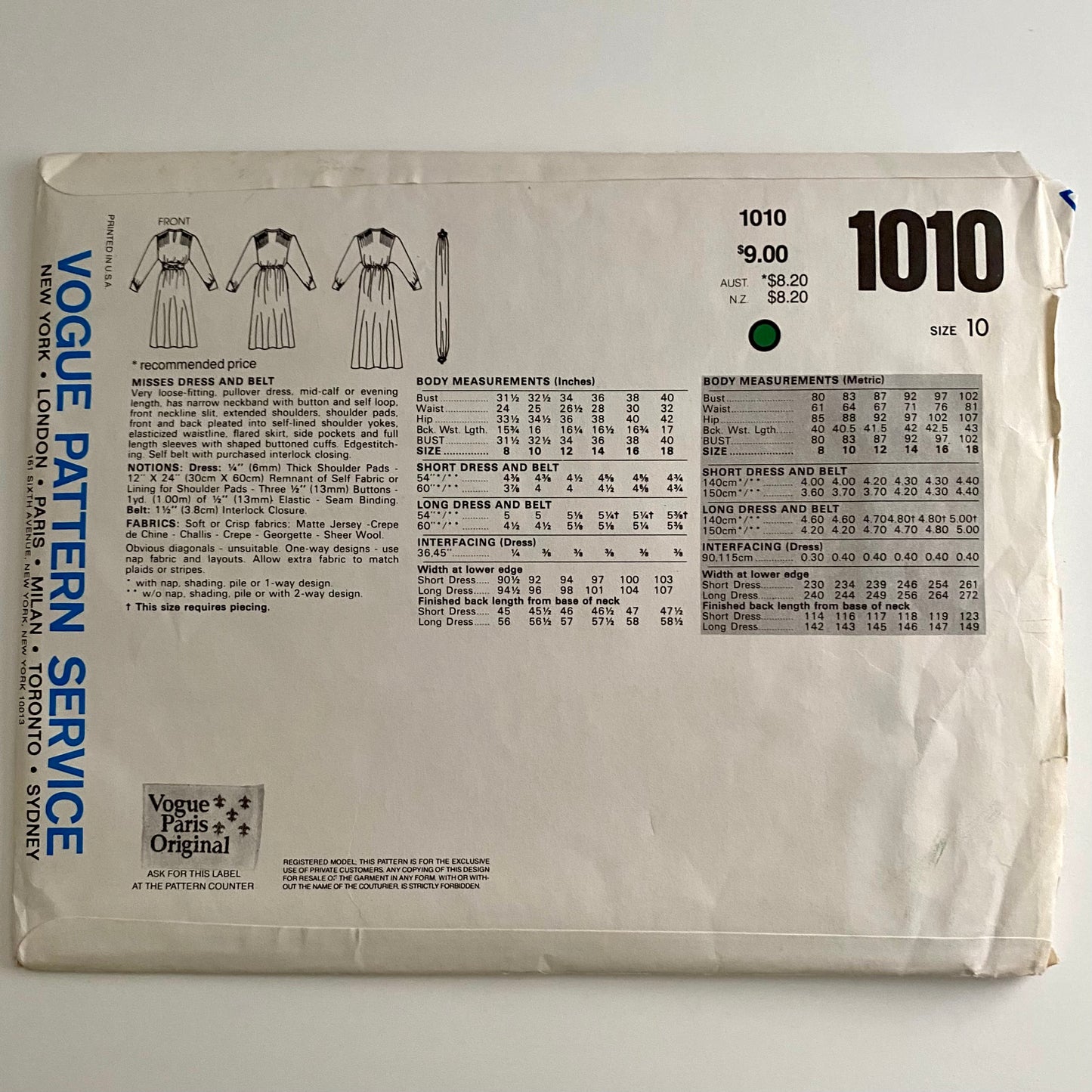 1980s Vogue Pattern 1010, Paris Original Christian Dior-Uncut