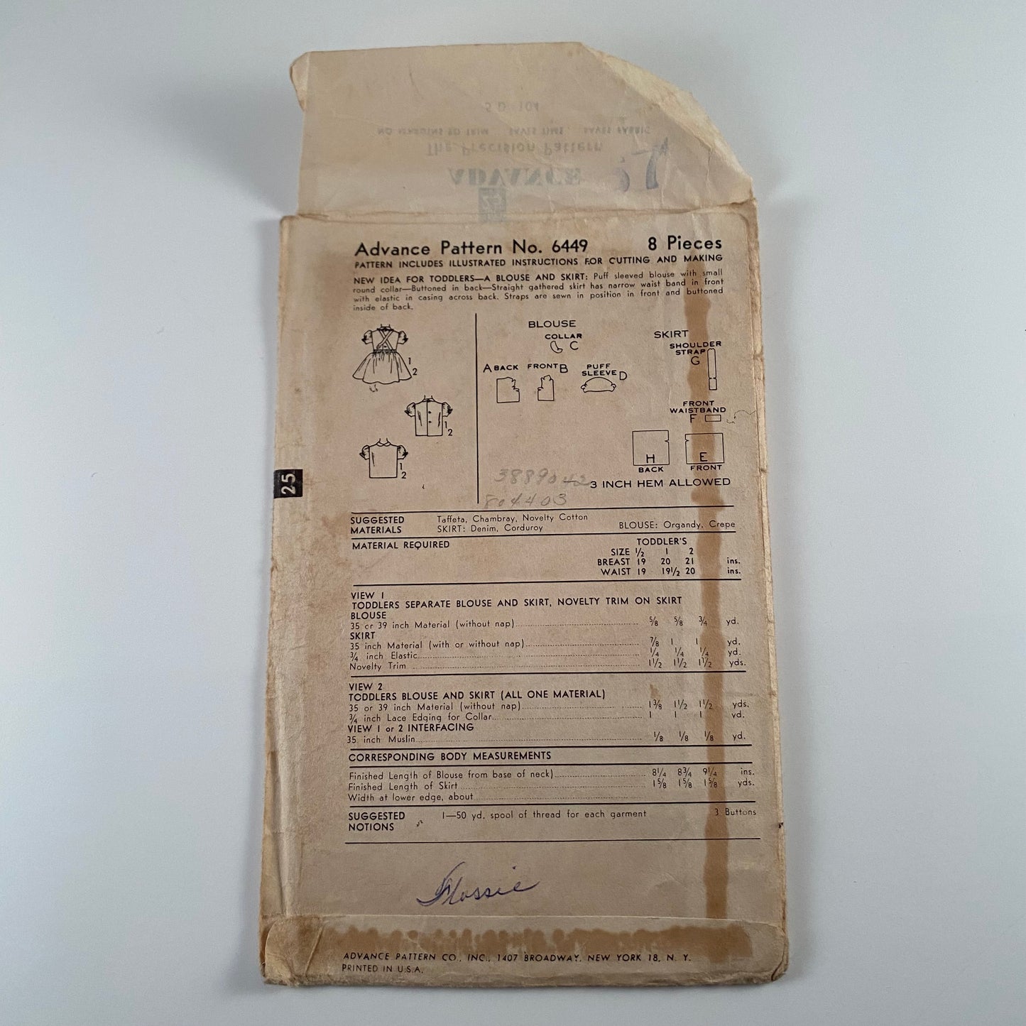 1940s Advance Baby/Toddler Blouse & Skirt Pattern No.6449