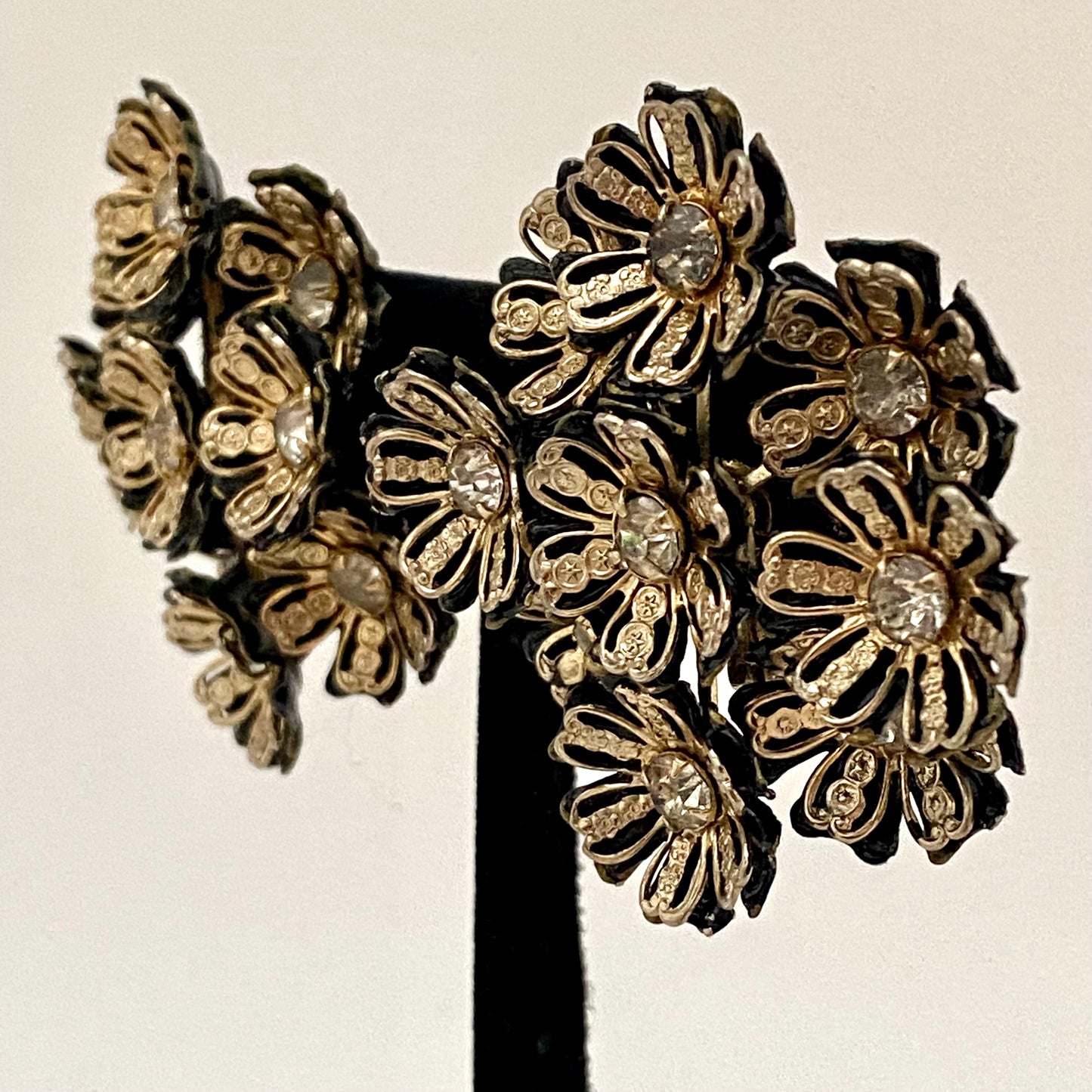 1960s Large Rhinestone Flower Bouquet Earrings