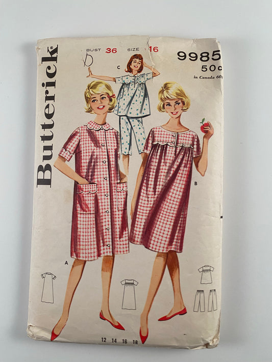 Late 50s/ Early 60s Butterick Misses' Sleepwear Pattern No,9985