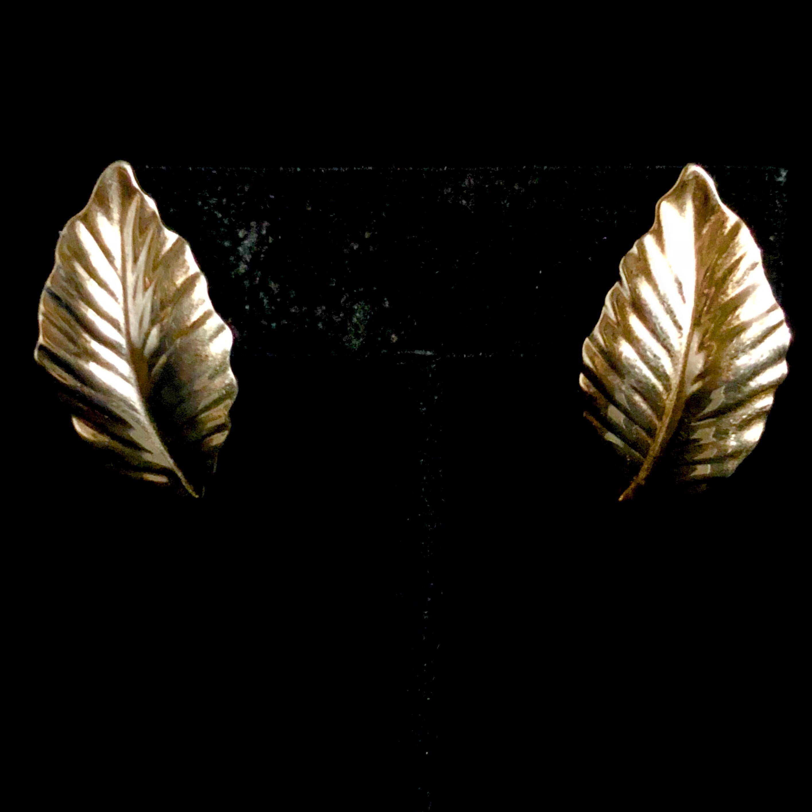 Vintage Louis Feraud Paris Earrings Gold Tone Leaf Design Signed , pierced.