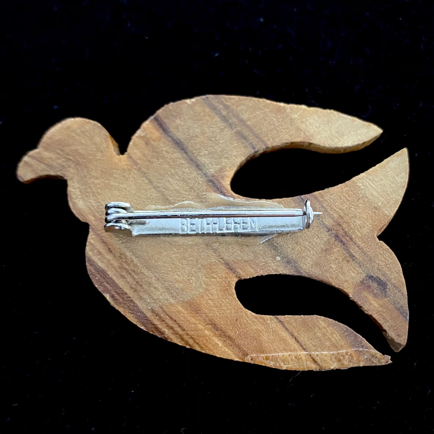 1970s Wooden Dove Of Peace Brooch From Bethlehem