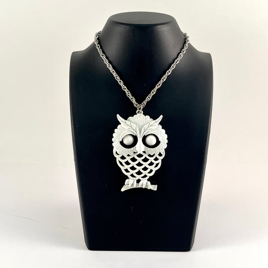 1970s White Enamel Owl Pendant Necklace