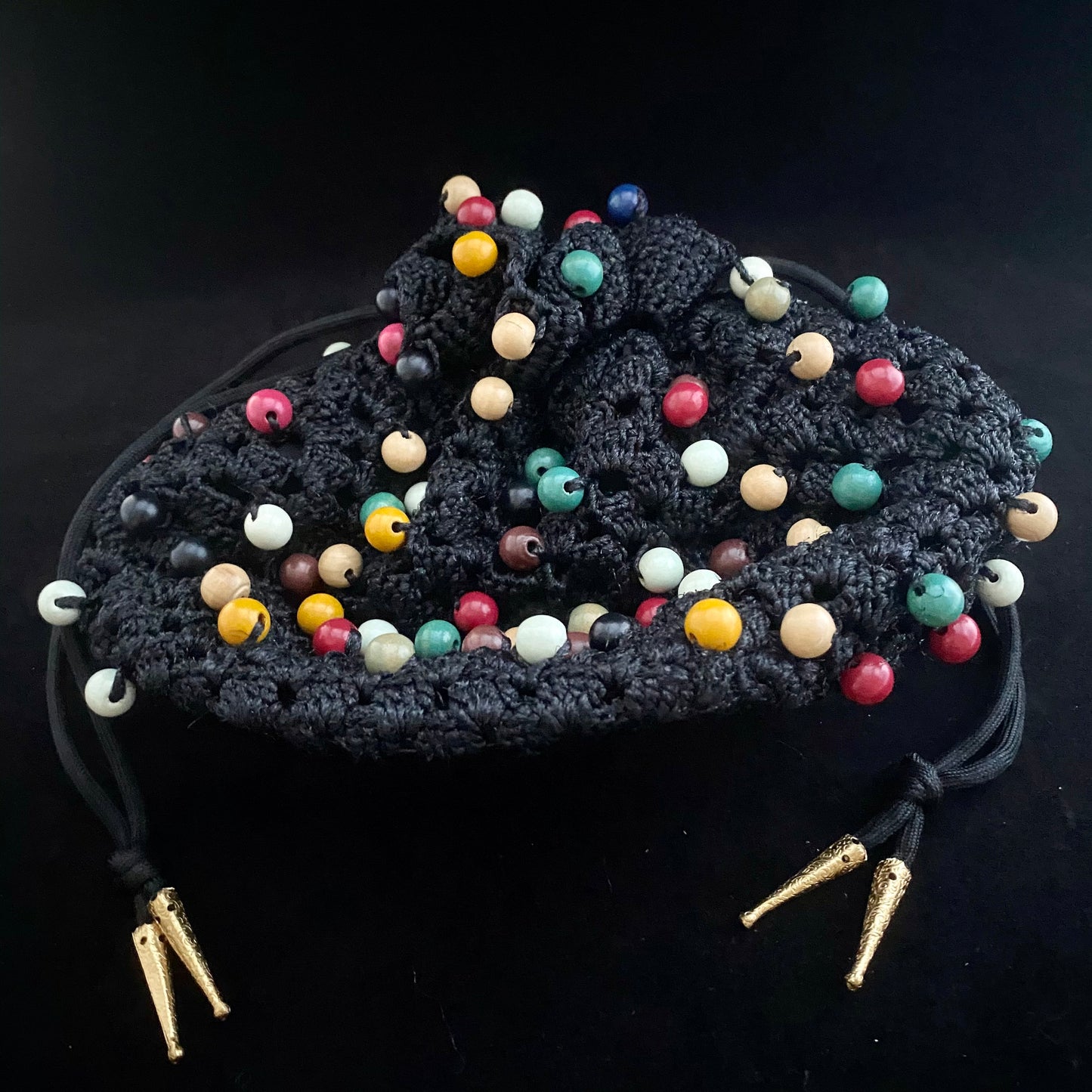 1960s Crocheted, Beaded Drawstring Bag