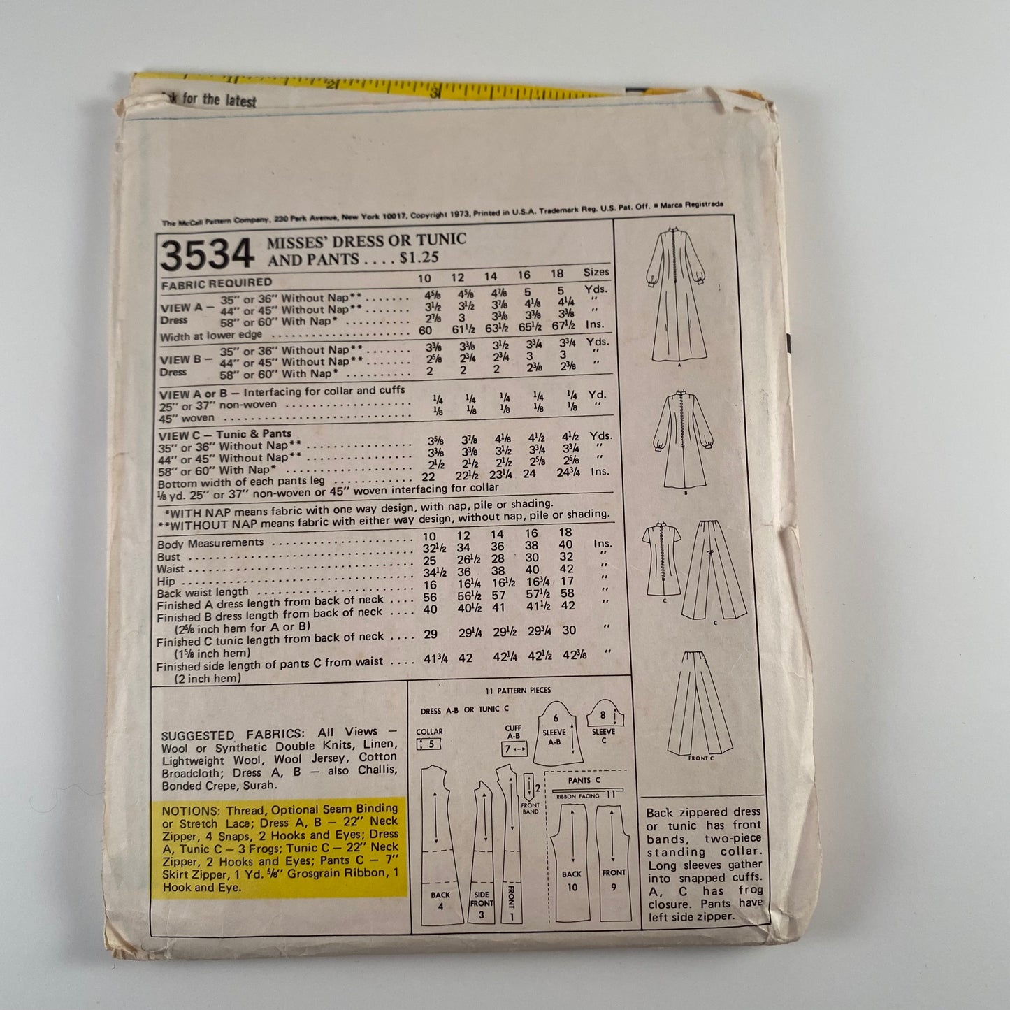 1960s McCall's Misses' Dress or Tunic & Pants Pattern 3534