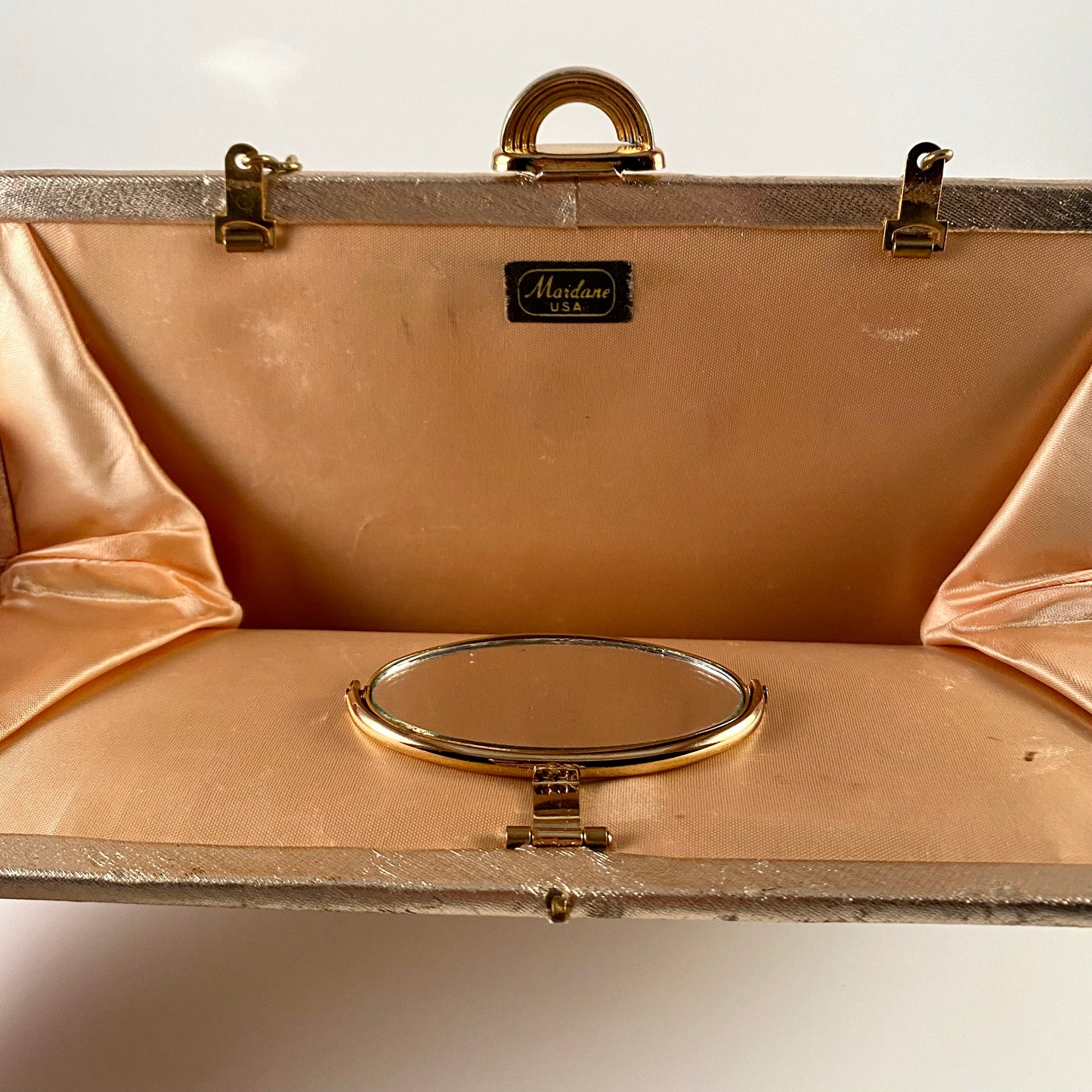 Late 60s/ Early 70s Mardane Gold Clutch With Interior Mirror