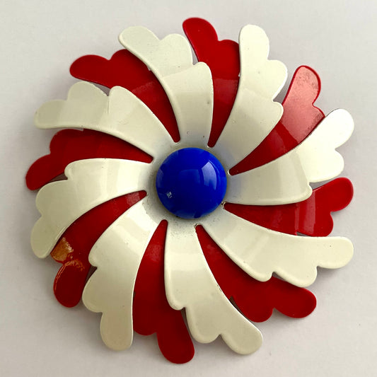 Late 60s/ Early 70s Red, White & Blue Enamel Flower Brooch