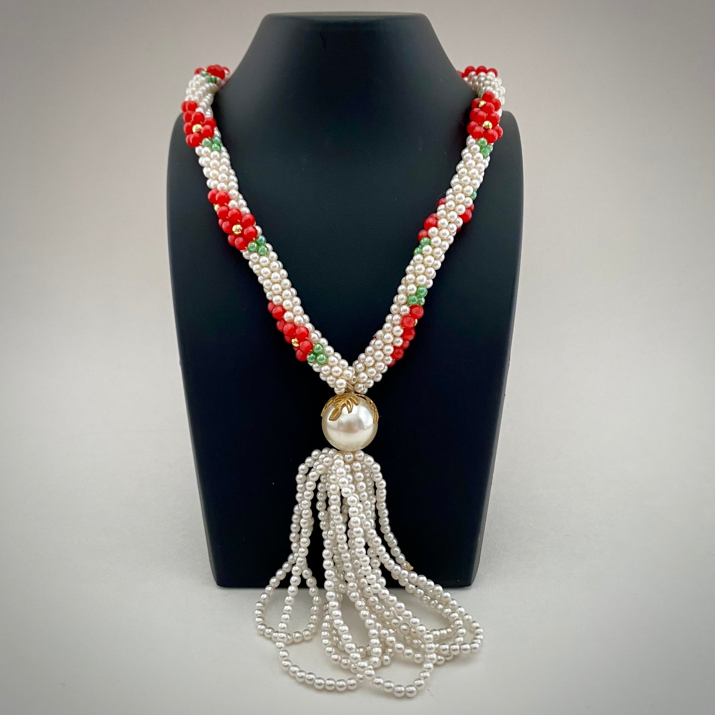 1960s Woven Pearl Bead Necklace With Tassel