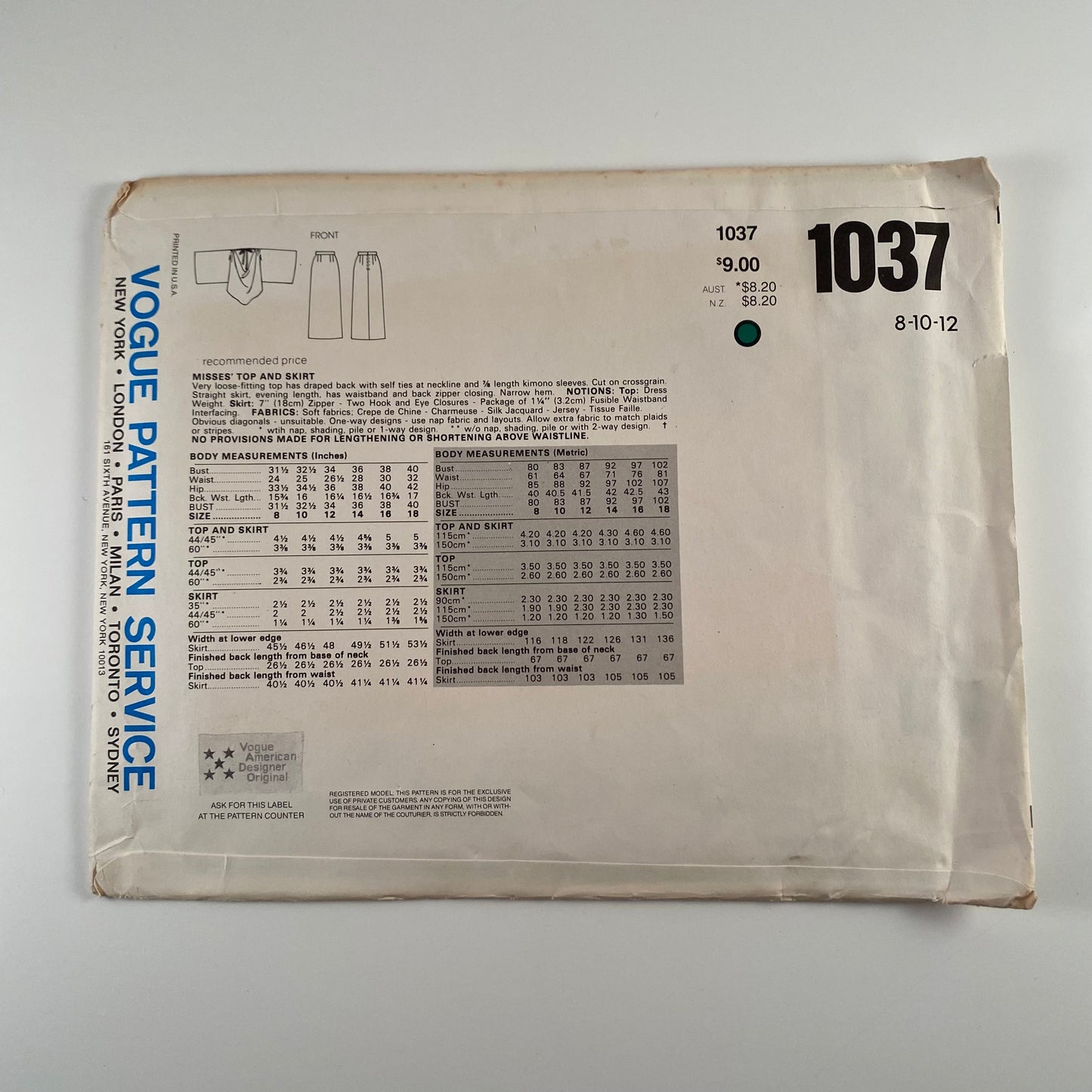 1980s Vogue Pattern 1037, American Designer Bill Blass-Uncut