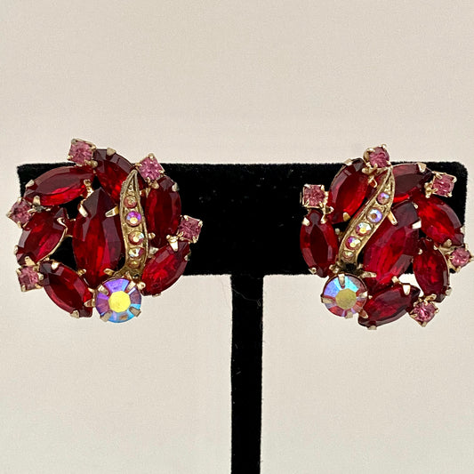 1950s Red Marquise Rhinestone Earrings