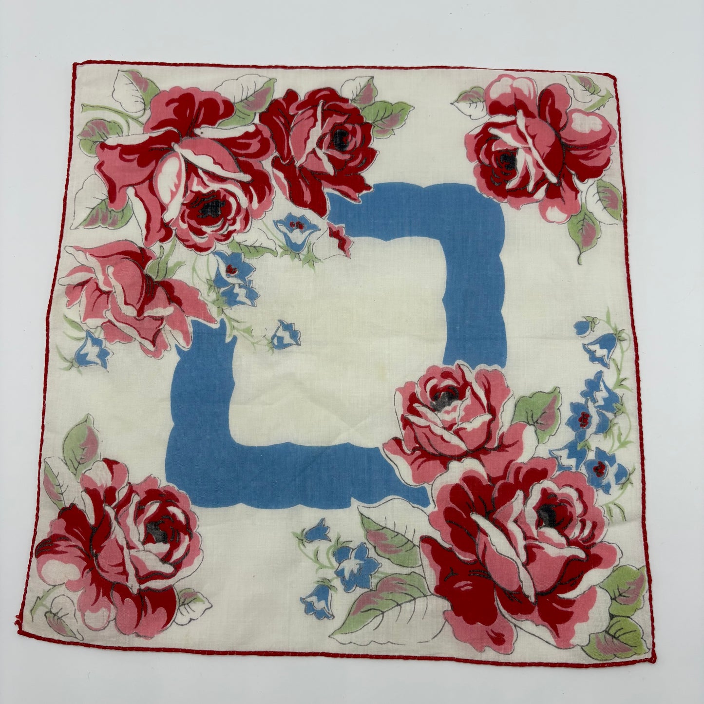 1950s Hand Rolled Rose Print Handkerchief