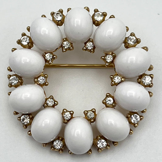 1950s Trifari Crown Cabochons & Rhinestone Circle Brooch