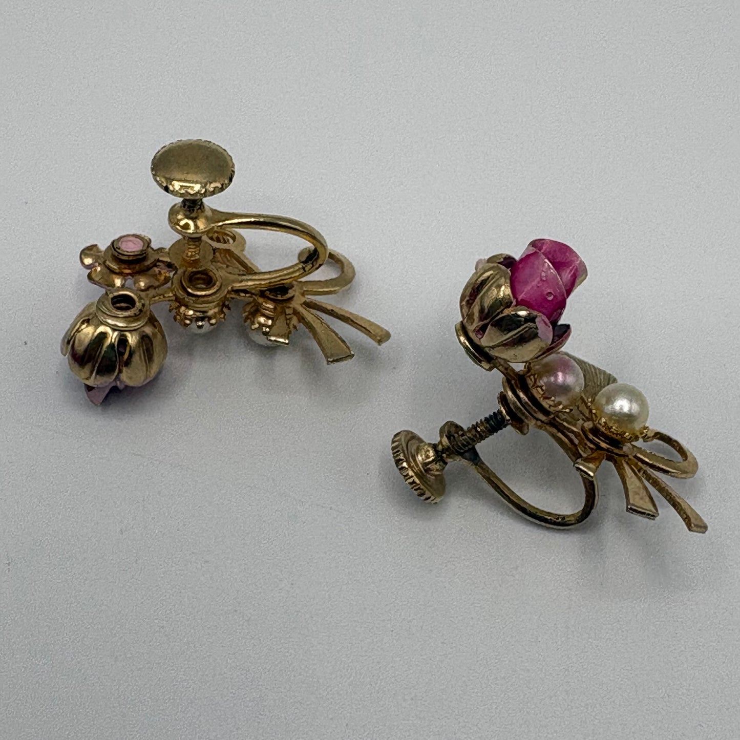 50s/60s Enamel & Pearl Rose Brooch & Earring Set