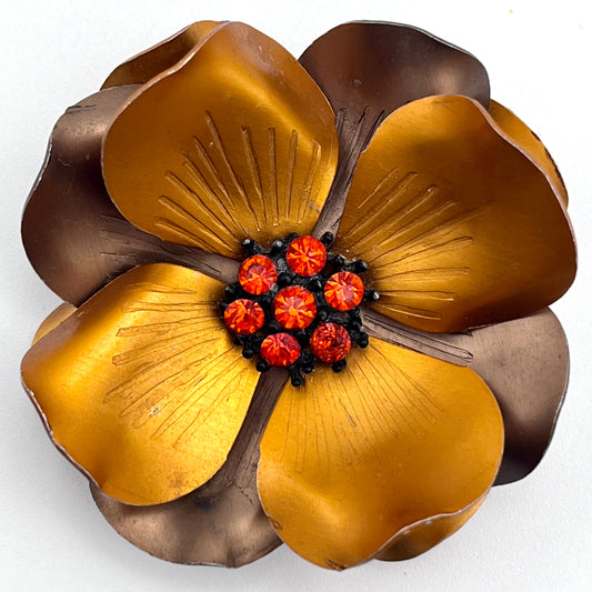 1960s Metal & Rhinestone Flower Brooch