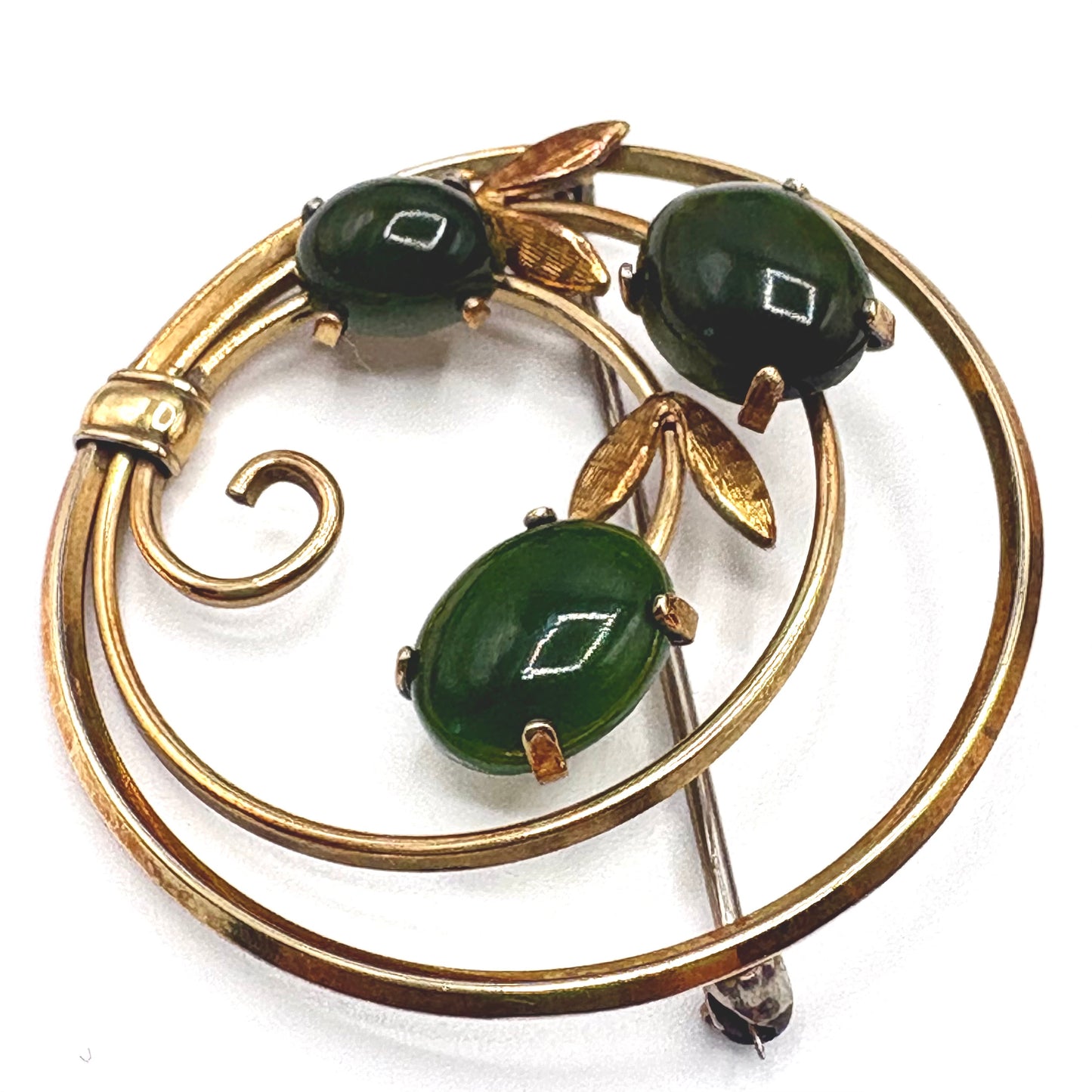 1960s Krementz Cabochon Stone Flower Gold Circle Brooch