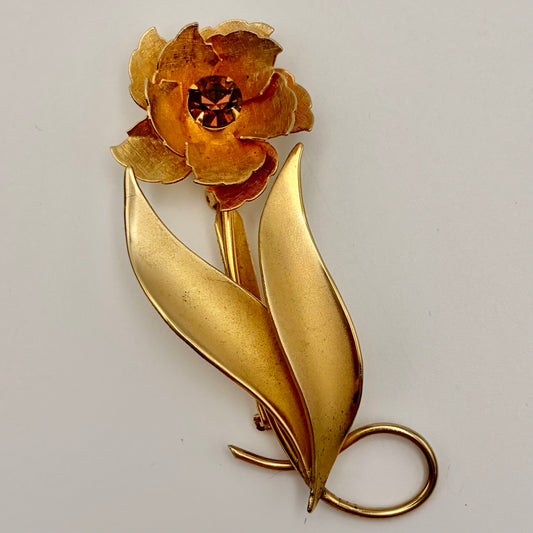 1960s Gold-Tone Rhinestone Flower Brooch