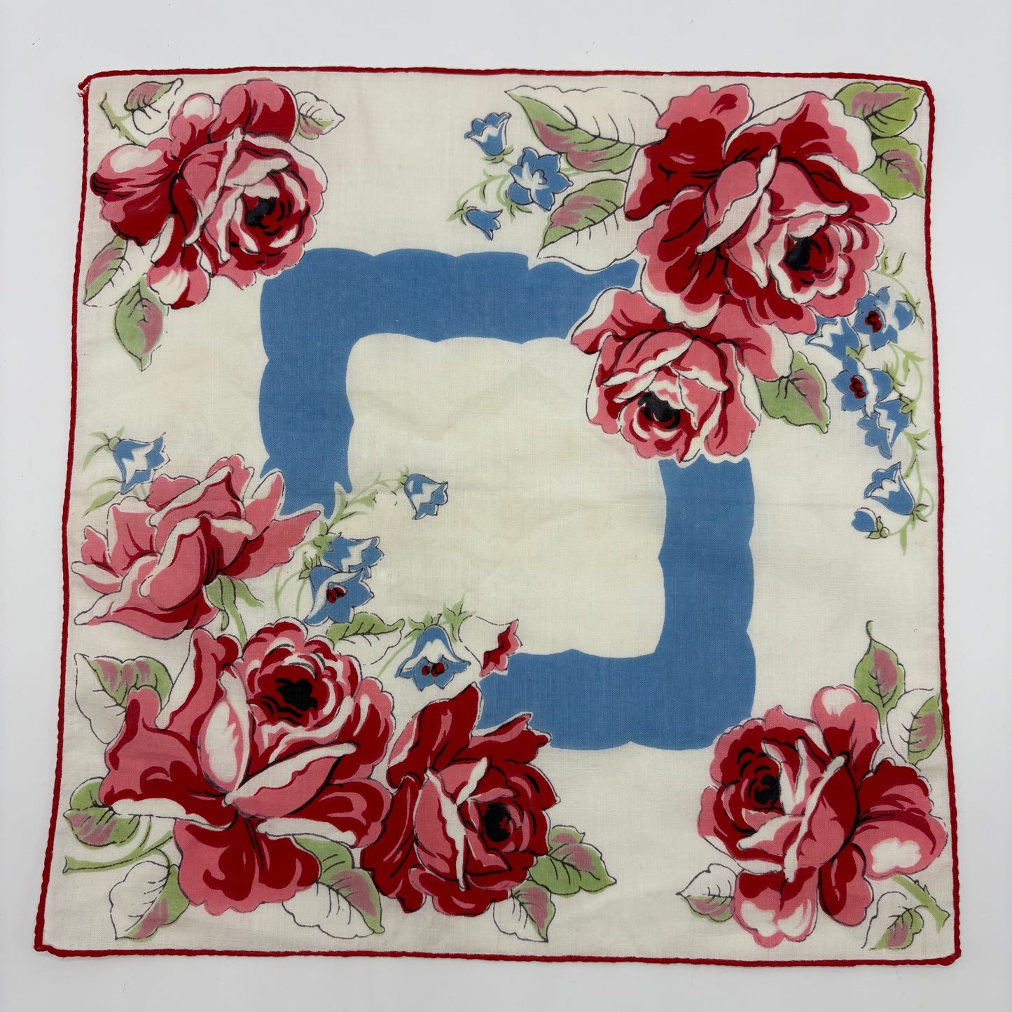 1950s Hand Rolled Rose Print Handkerchief