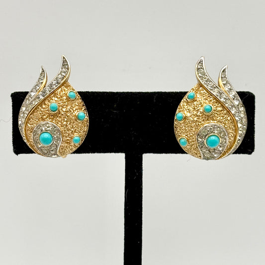 1960s Crown Trifari Aqua & Rhinestone Earrings