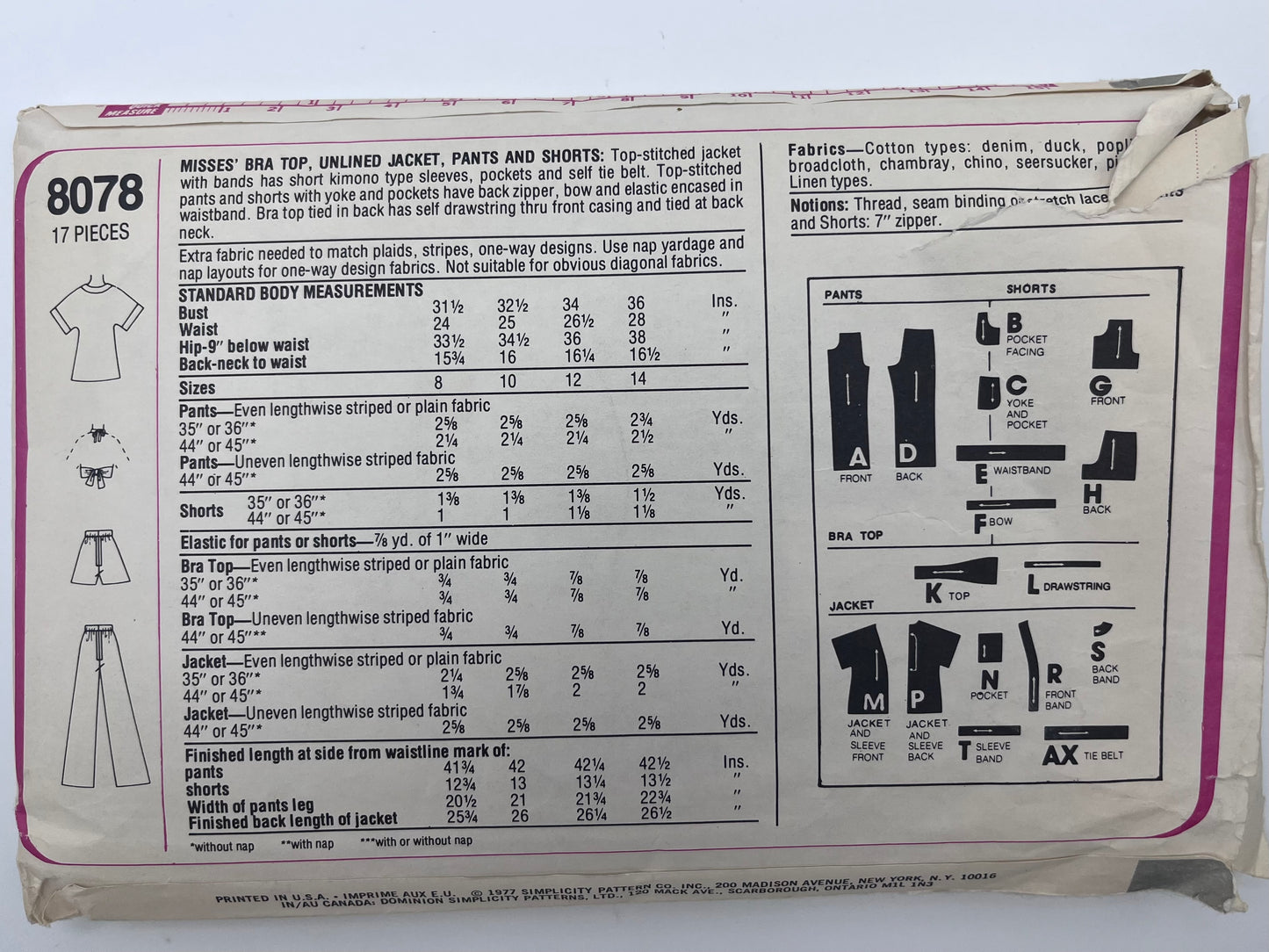 1977 Misses' Summer Separates Pattern 8078