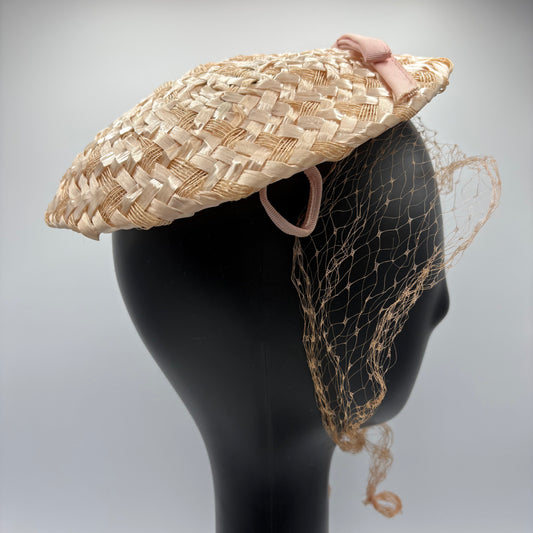 1950s Pink Woven Straw Calot Hat With Veil