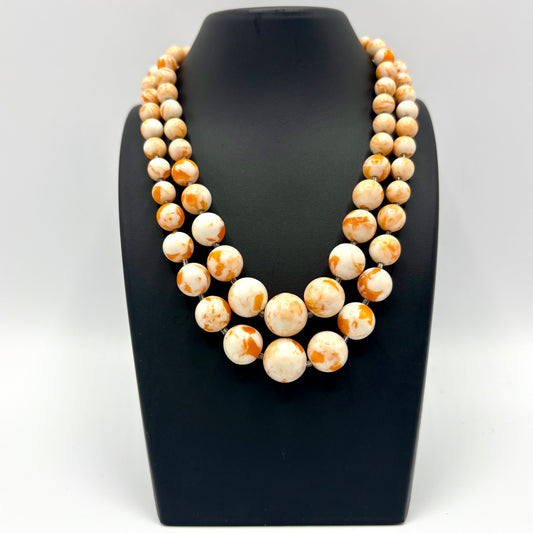 1960s Japan White & Orange Marbled Bead Necklace