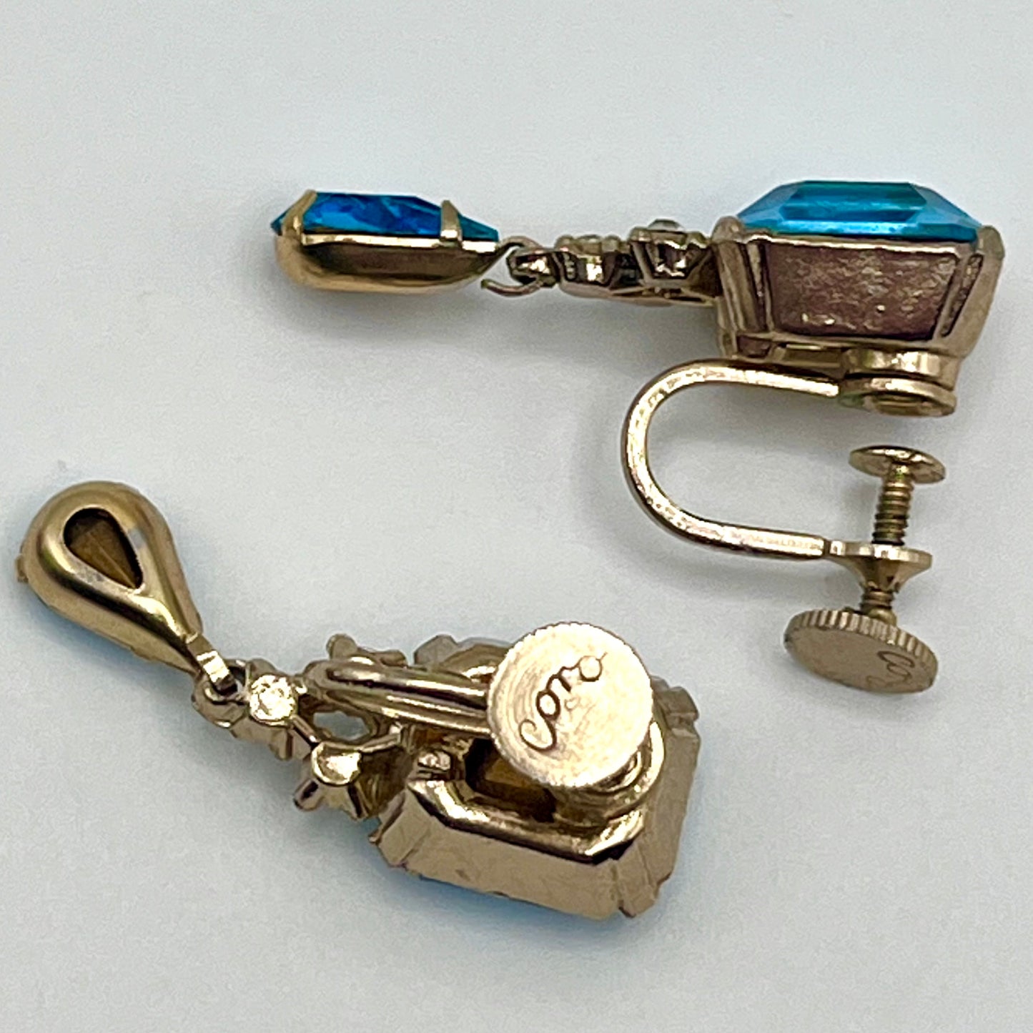 1950s Coro Aqua Rhinestone Drop Earrings