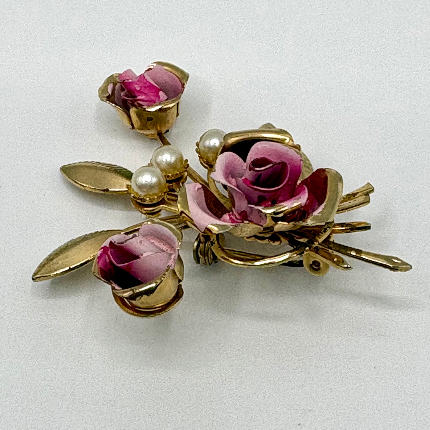 50s/60s Enamel & Pearl Rose Brooch & Earring Set