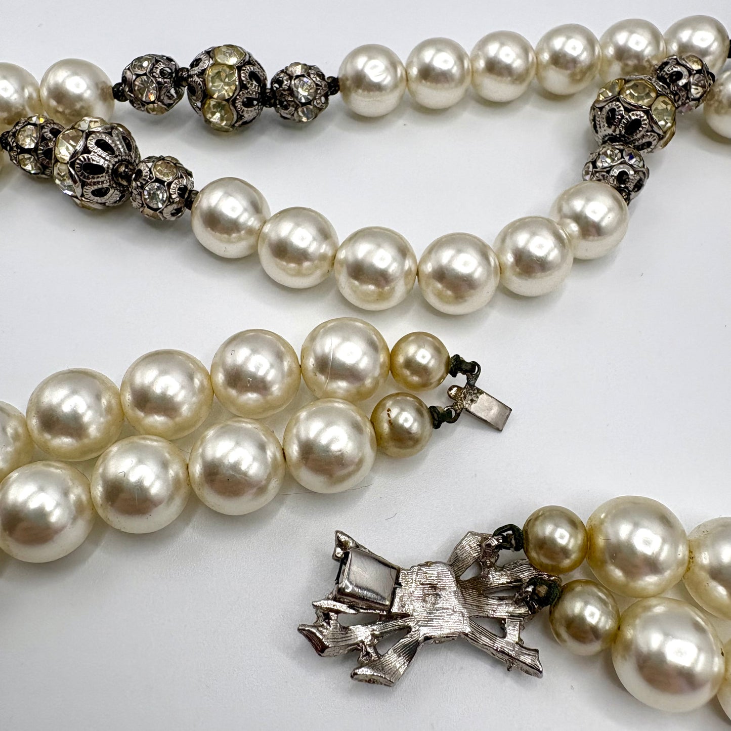 1960s Double Strand Pearl and Rhinestone Bead Necklace