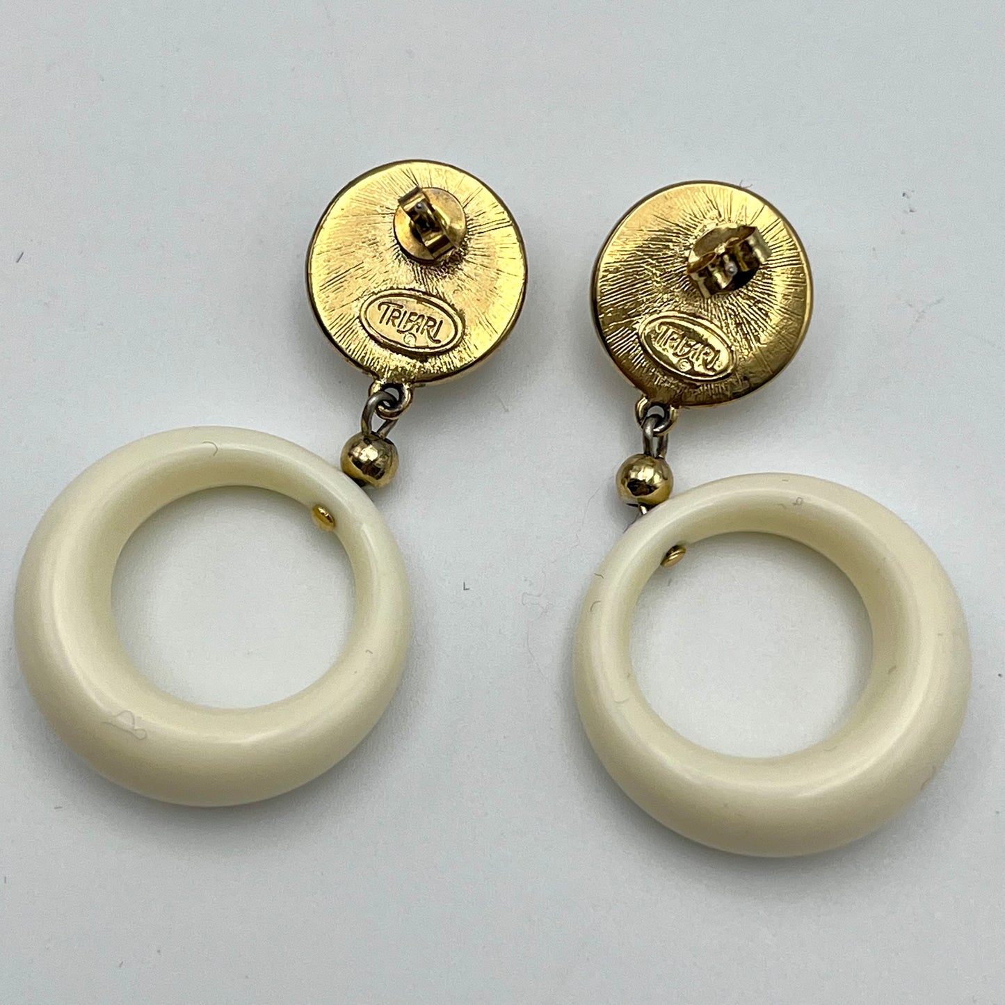 1970s Trifari White Drop Hoop Post Earrings
