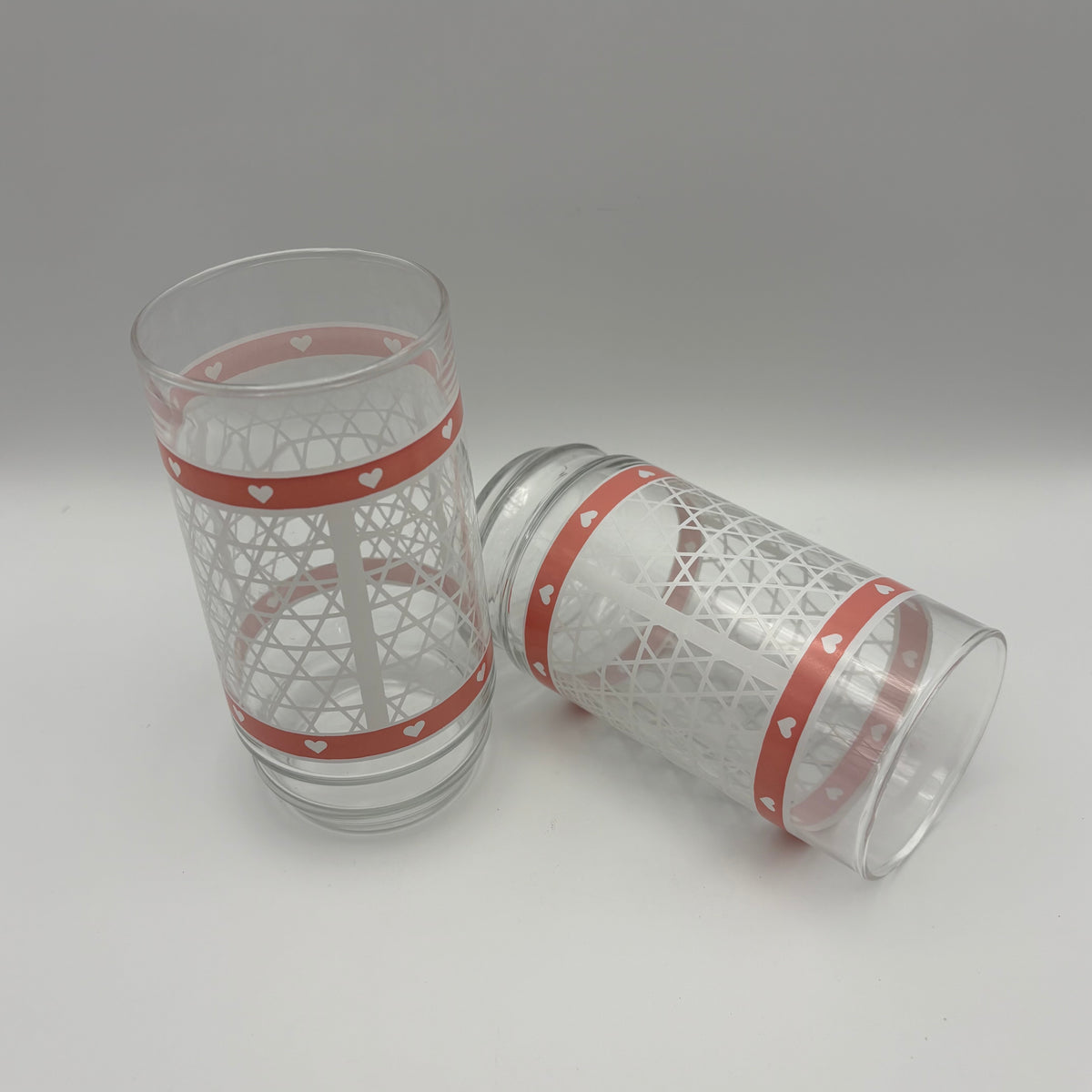 1980s Set of Two Heart Motif Drinking Glasses