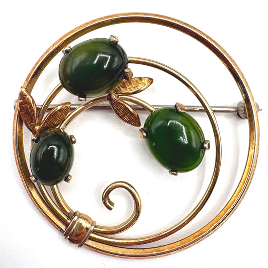 1960s Krementz Cabochon Stone Flower Gold Circle Brooch