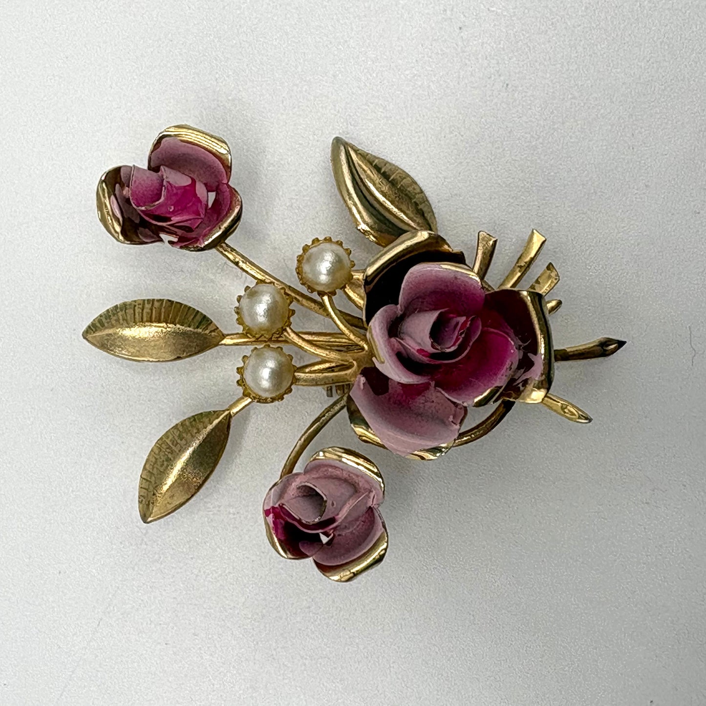 50s/60s Enamel & Pearl Rose Brooch & Earring Set