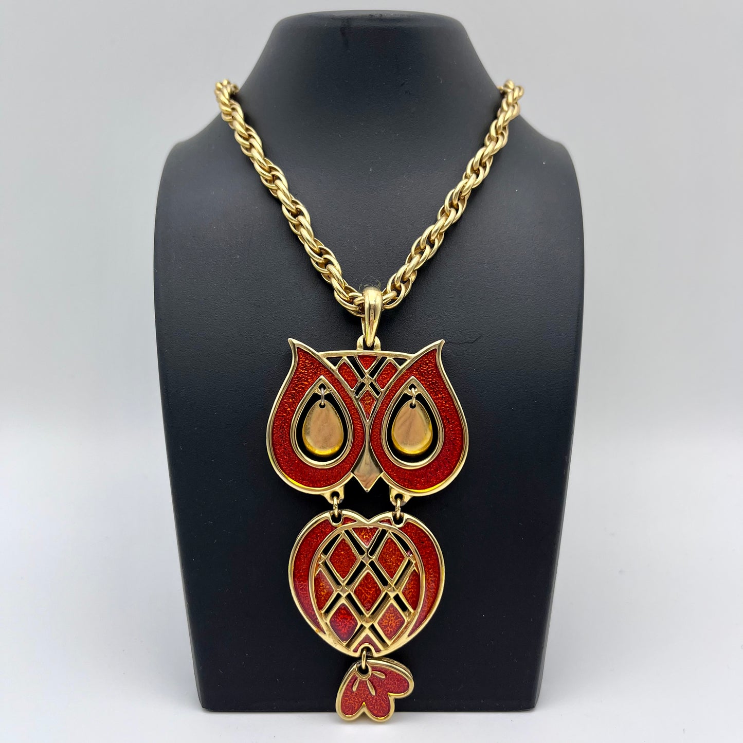 1970s Orange Glitter Enamel Owl Pendant Necklace