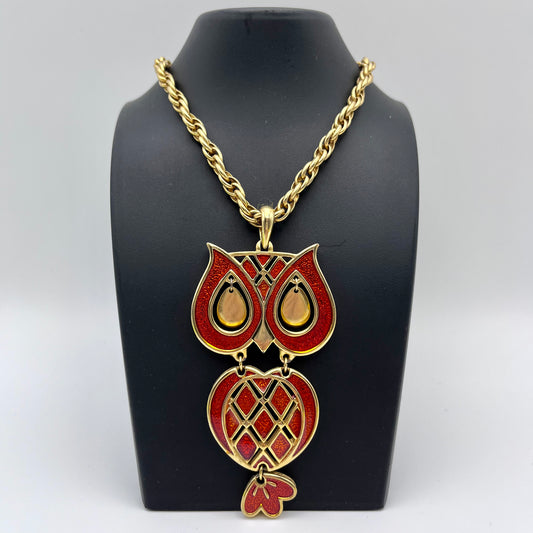 1970s Orange Glitter Enamel Owl Pendant Necklace